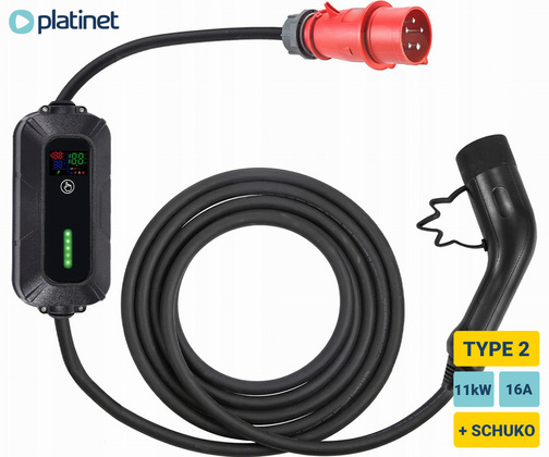 Platinet PPC7M11 prenosni EV električni polnilec, 11kW, 7m, 16A, TYPE 2, 3-fazni, +SCHUKO adapter, Plug&Play, za električna / hibridna vozila, LED zaslon, +torba
